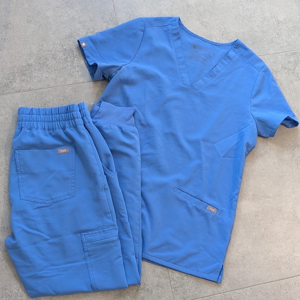 Figs Zamora Jogger Casma Top Scrub Set XS Blue Women V-Neck Cargo Pants Petite